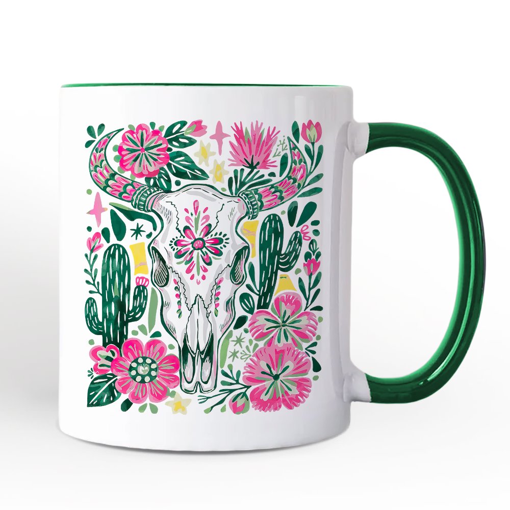 Western Floral Cow Skull Personalized Mug, Boho Cowgirl Wildflower Cactus Gift with Custom Name Personalized Ceramic Mug OrnamentallyYou Green Handle Non-Custom 