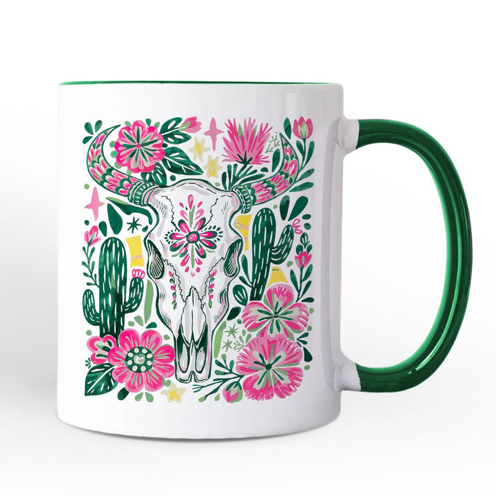 Western Floral Cow Skull Personalized Mug, Boho Cowgirl Wildflower Cactus Gift with Custom Name Personalized Ceramic Mug OrnamentallyYou Green Handle Non-Custom 