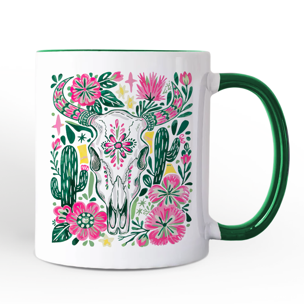 Western Floral Cow Skull Personalized Mug, Boho Cowgirl Wildflower Cactus Gift with Custom Name