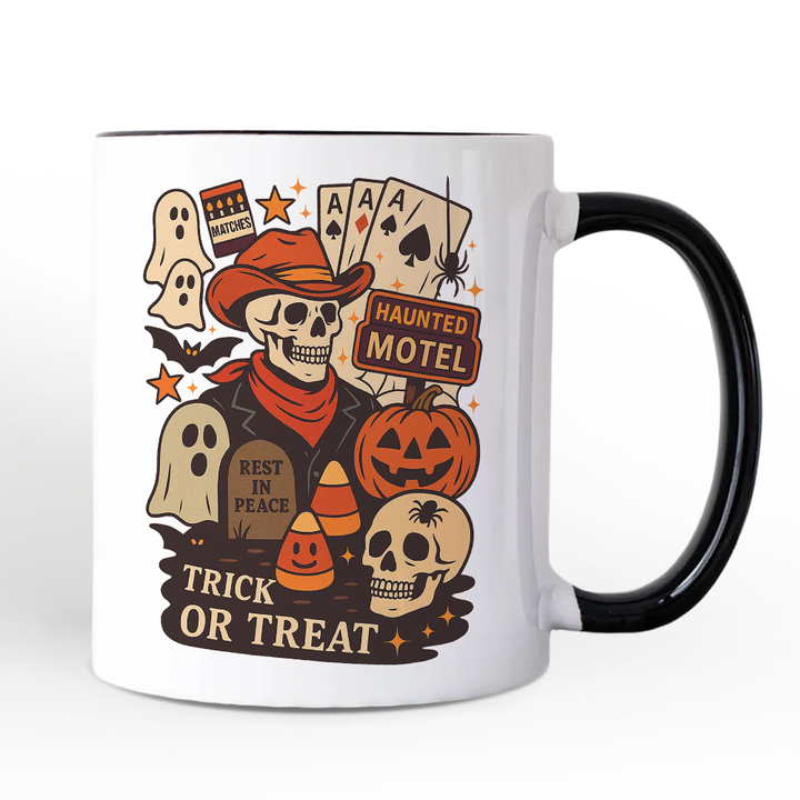 Western Halloween Skeleton Personalized Mug, Haunted Motel Trick or Treat Gift with Custom Name