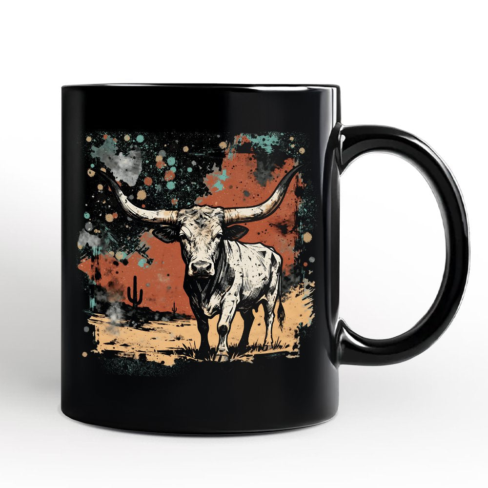 Western Longhorn Bull Personalized Mug, Cowboy Rodeo Gift with Custom Name Personalized Ceramic Mug OrnamentallyYou Black Non-Custom 