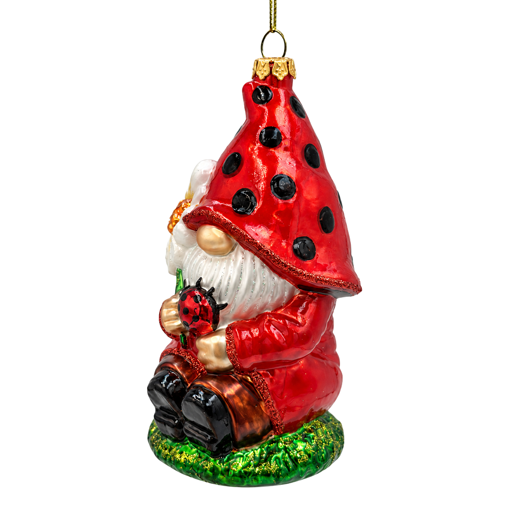 (PRE-ORDER) Whimsical Ladybug Gnome with Daisy Glass Christmas Ornament, Garden Gnome Holiday Tree Decor