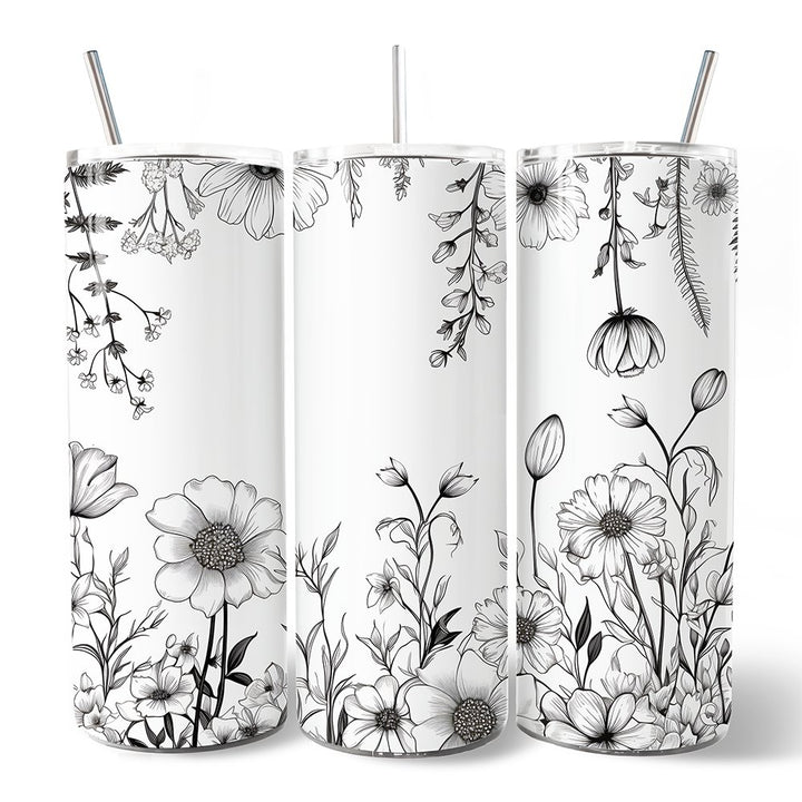White and Black Wild Flowers Tumbler With Lid and Stainless Steel Straw, Beautiful Spring Travel Mug Gift Tumbler OrnamentallyYou 