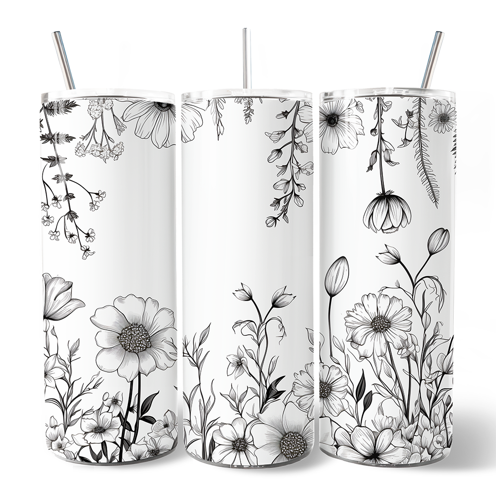 White and Black Wild Flowers Tumbler With Lid and Stainless Steel Straw, Beautiful Spring Travel Mug Gift