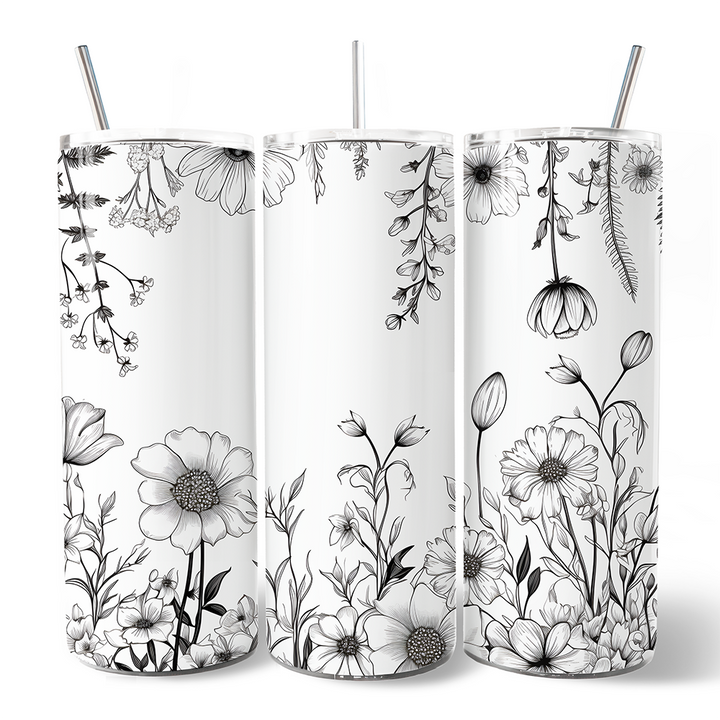 White and Black Wild Flowers Tumbler With Lid and Stainless Steel Straw, Beautiful Spring Travel Mug Gift