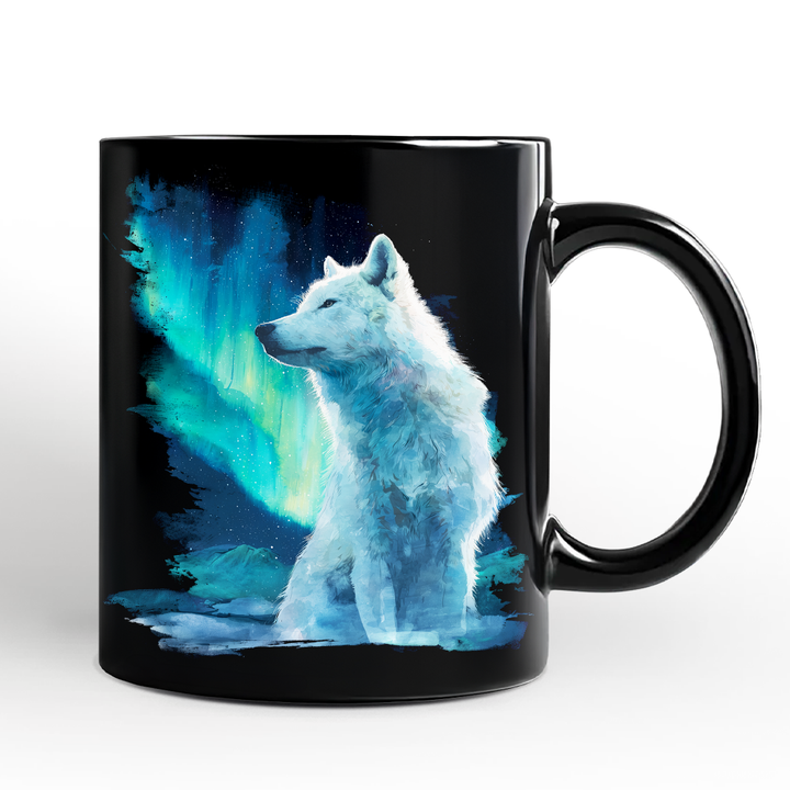 Wild Aurora White Wolf Personalized Mug, Northern Lights Arctic Wolf Gift with Custom Name