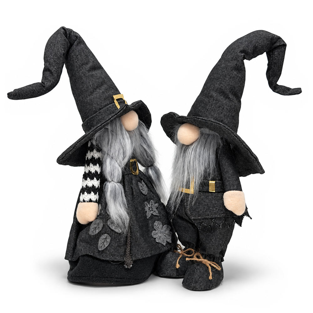 Witch and Warlock Plush Gnome Set of 2, Elegant Gothic 18" Halloween Home Decoration