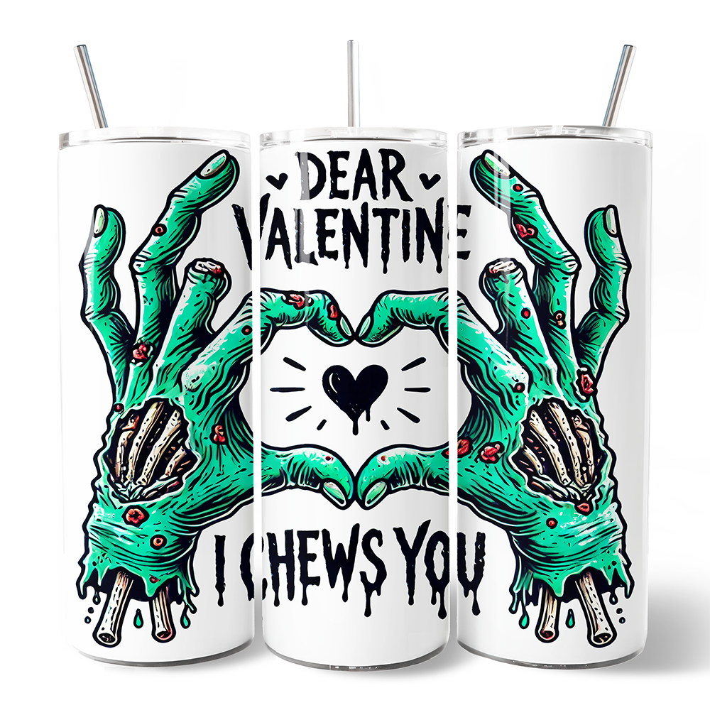 Zombie Valentine Hands I Chews You Tumbler With Lid and Stainless Steel Straw, Funny Travel Mug Gift for Horror Spring Season
