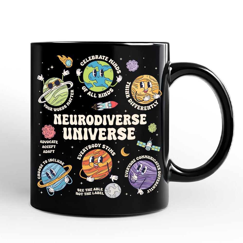 Neurodiverse Universe Autism Space Personalized Mug, Colorful Autism Awareness Education Gift with Custom Name Personalized Ceramic Mug OrnamentallyYou Black Non-Custom 