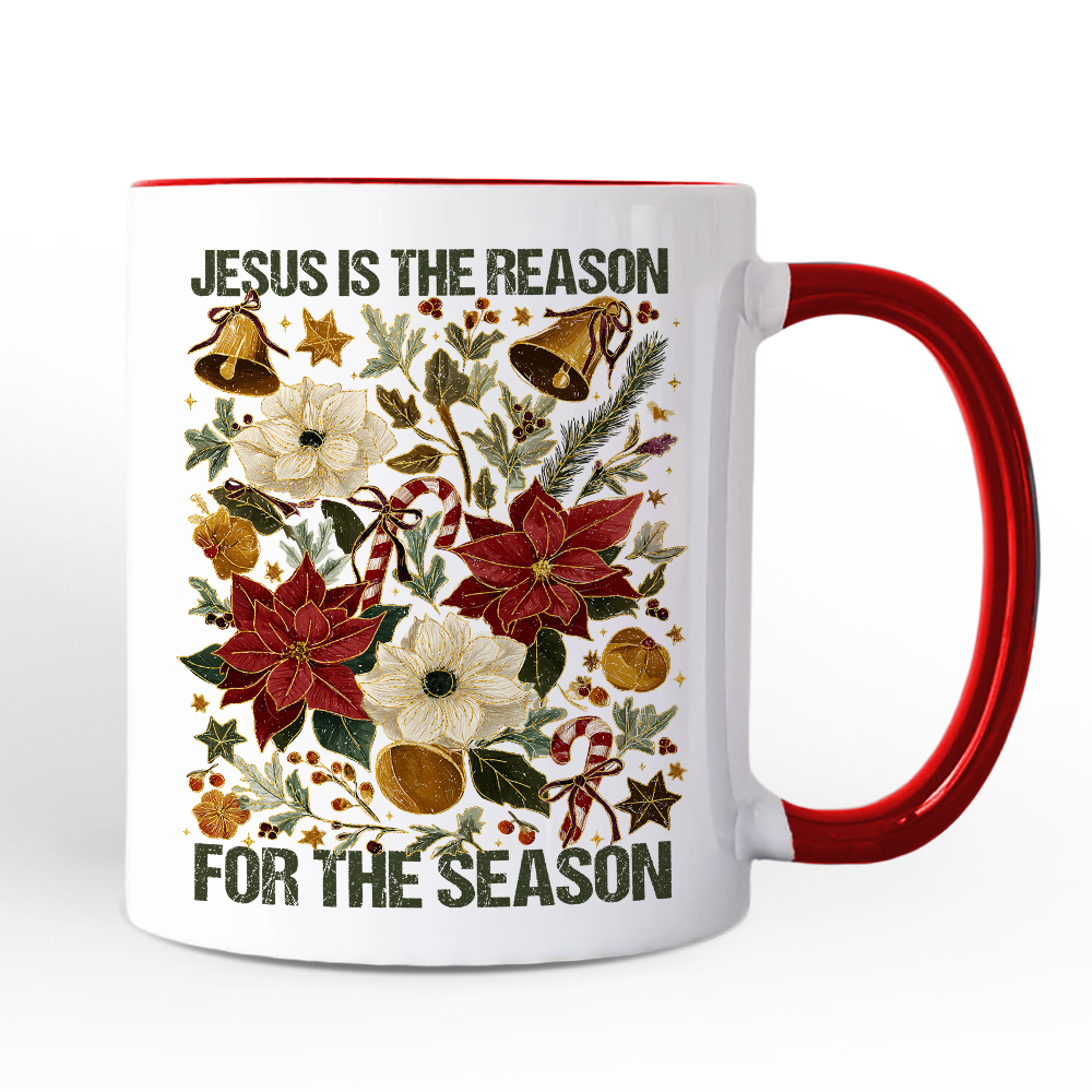 Jesus Is the Reason for the Season Floral Christmas Personalized Mug, Holiday Christian Gift with Custom Name