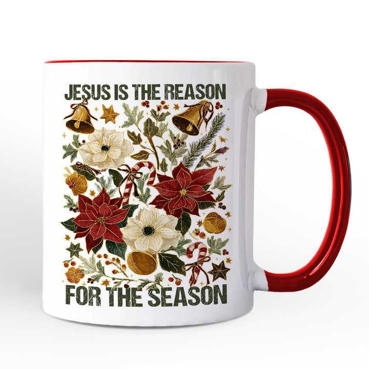 Jesus Is the Reason for the Season Floral Christmas Personalized Mug, Holiday Christian Gift with Custom Name