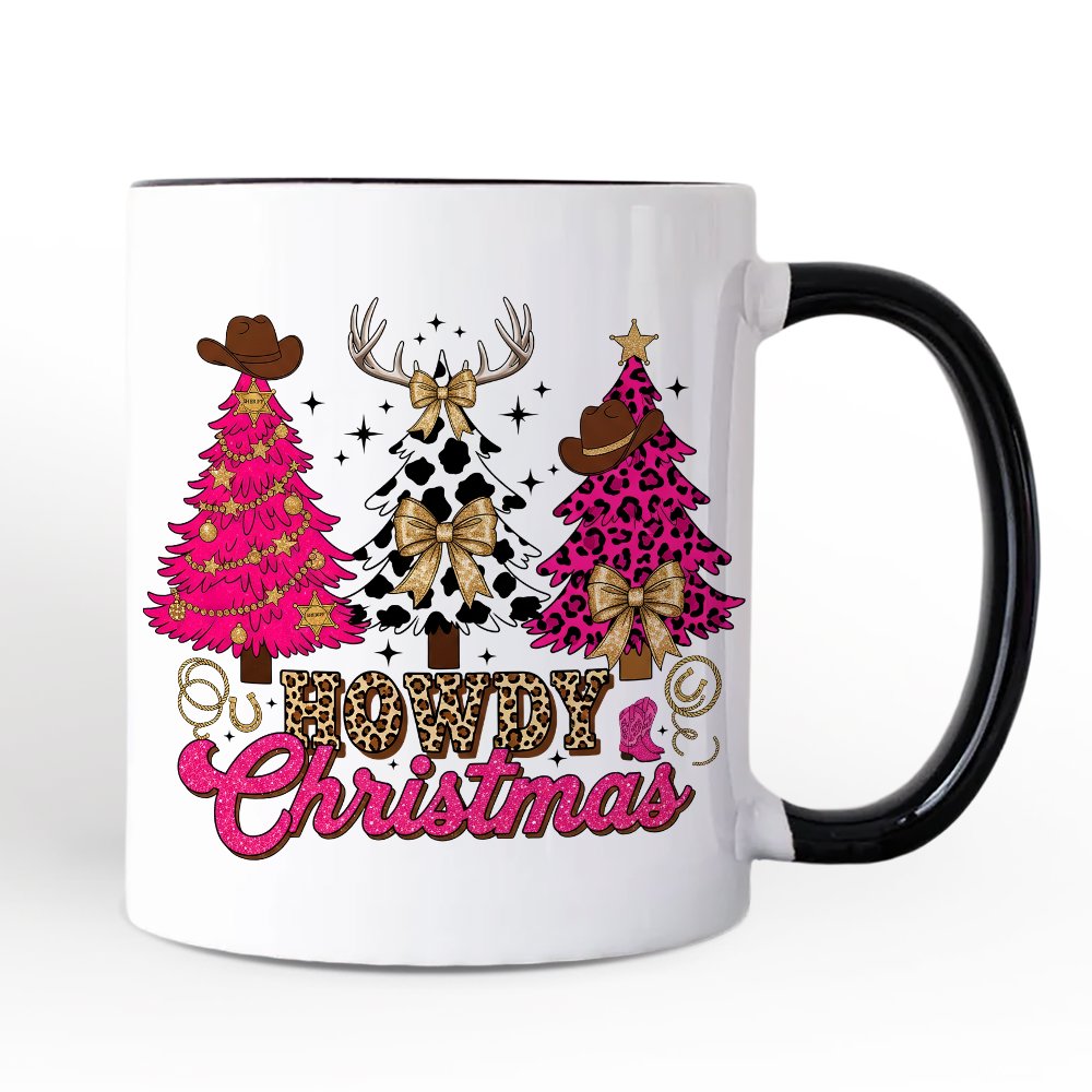Howdy Pink Christmas Western Christmas Personalized Mug, Leopard Print Retro Holiday Gift with Custom Name Personalized Ceramic Mug OrnamentallyYou White - Black Non-Custom 