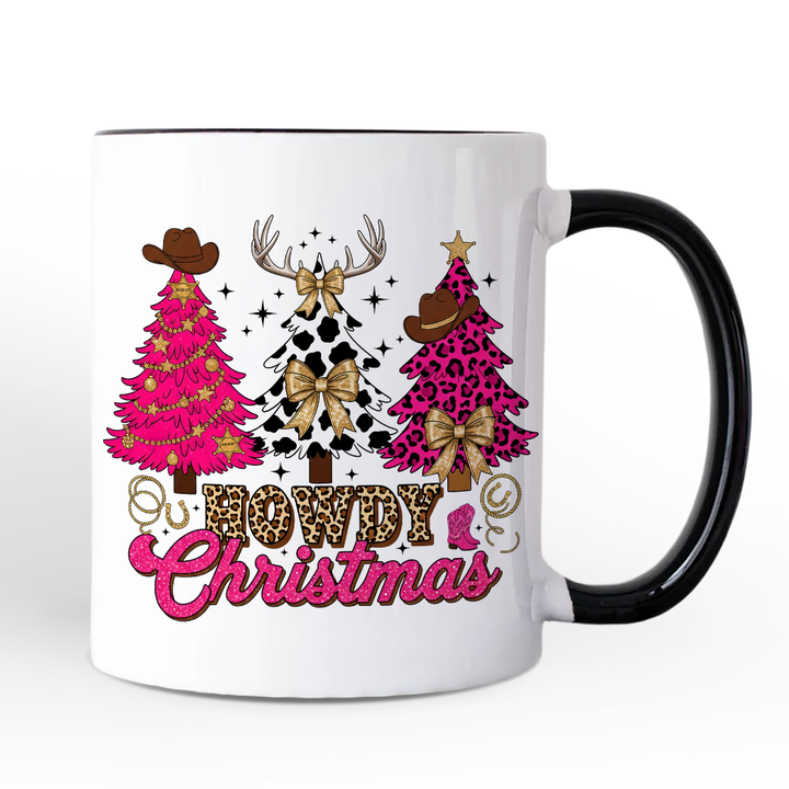 Howdy Pink Christmas Western Christmas Personalized Mug, Leopard Print Retro Holiday Gift with Custom Name