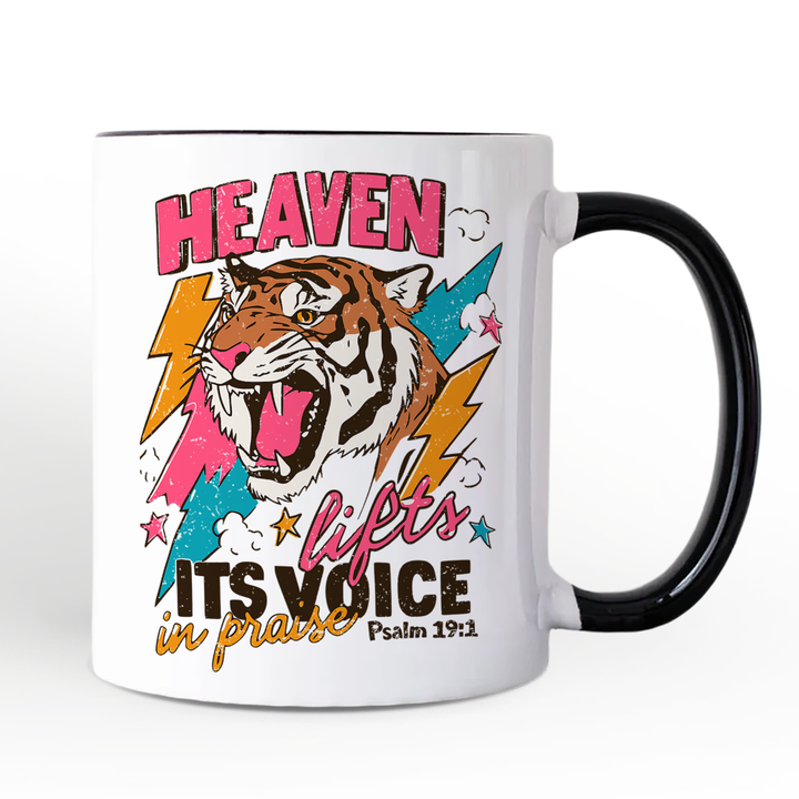 Heaven Lifts its Voice in Praise Christian Personalized Mug, Tiger Psalm 19:1 Bible Verse Gift with Custom Name