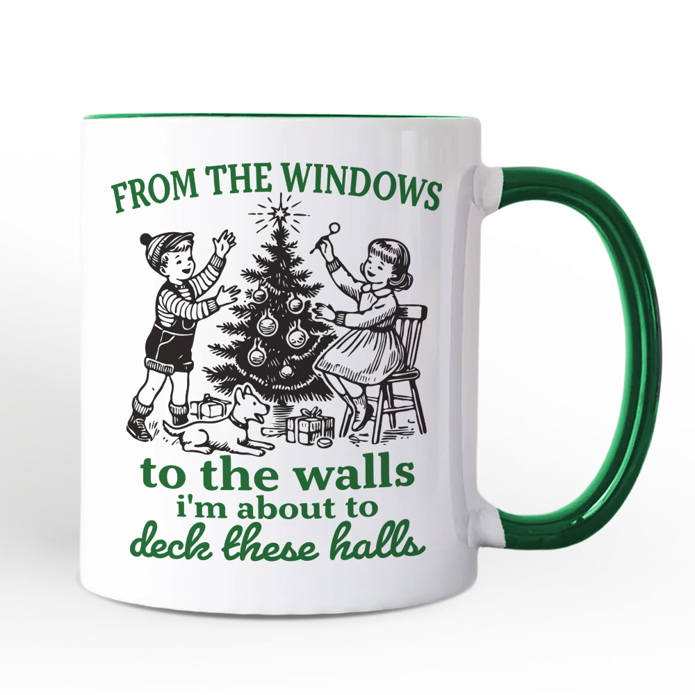 From the Windows to the Walls Deck These Halls Personalized Mug, Funny Vintage Christmas Gift with Custom Name