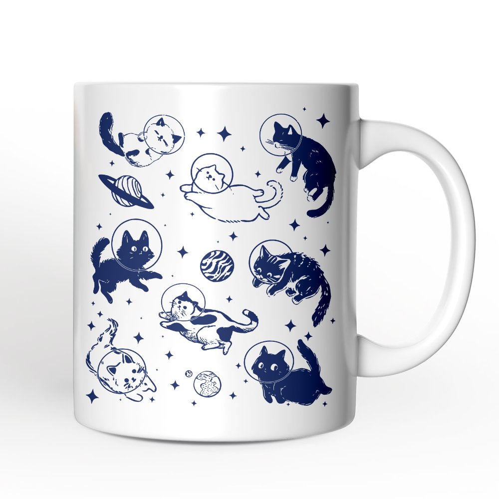 Cats in Space Retro Personalized Mug, Funny Astronaut Kitty Gift with Cosmic Vibes and Custom Name Personalized Ceramic Mug OrnamentallyYou White Non-Custom 