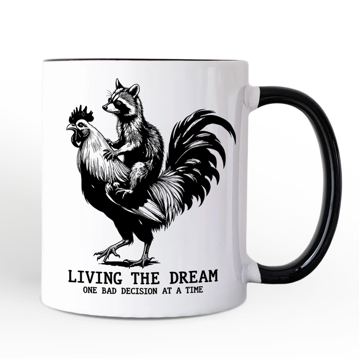 Living the Dream Funny Rooster and Raccoon Personalized Mug, Sarcastic Quote Gift with Custom Name