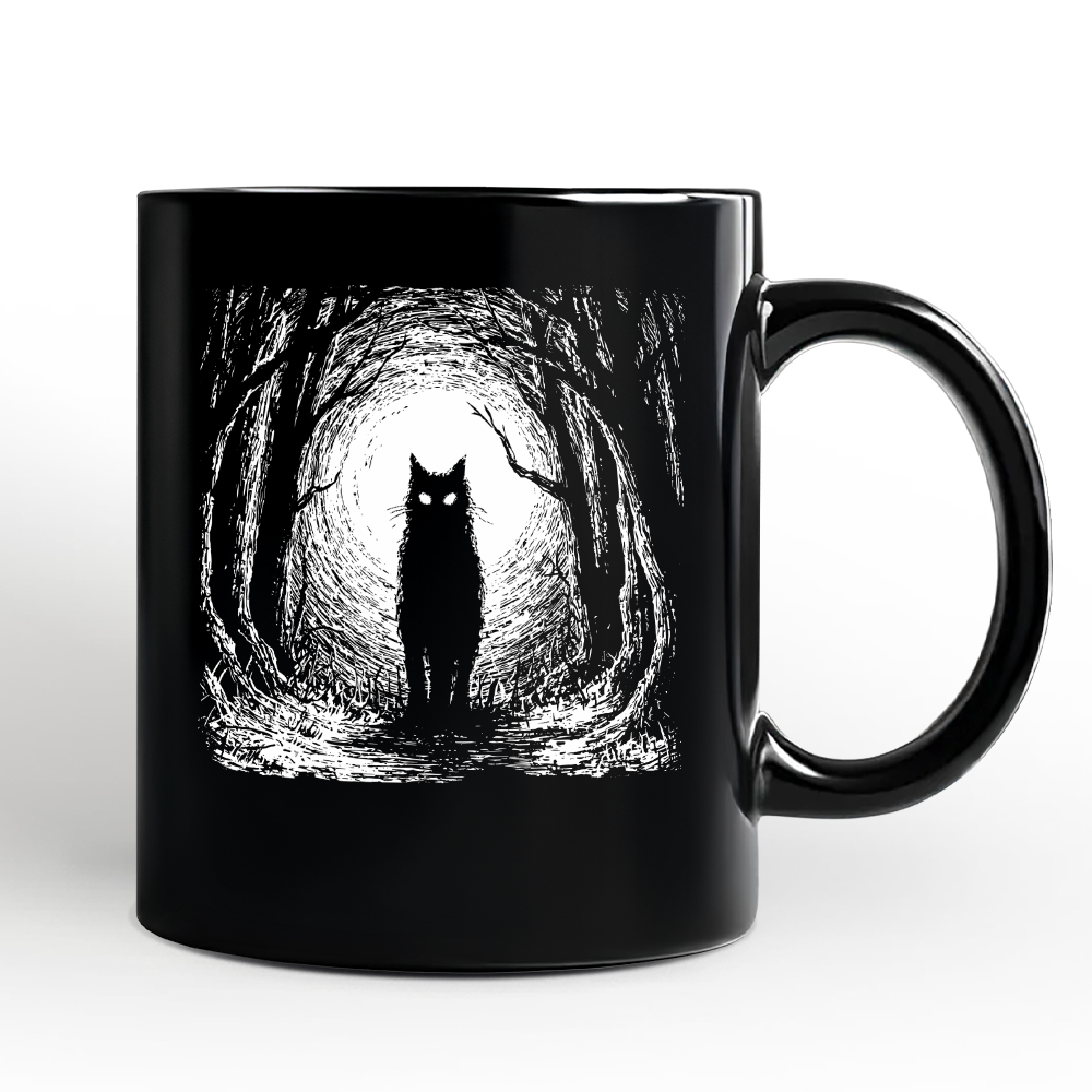Haunted Forest Black Cat Personalized Mug, Spooky Halloween Night Gift with Custom Name