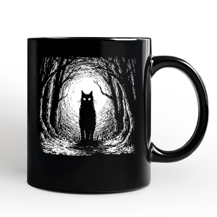 Haunted Forest Black Cat Personalized Mug, Spooky Halloween Night Gift with Custom Name