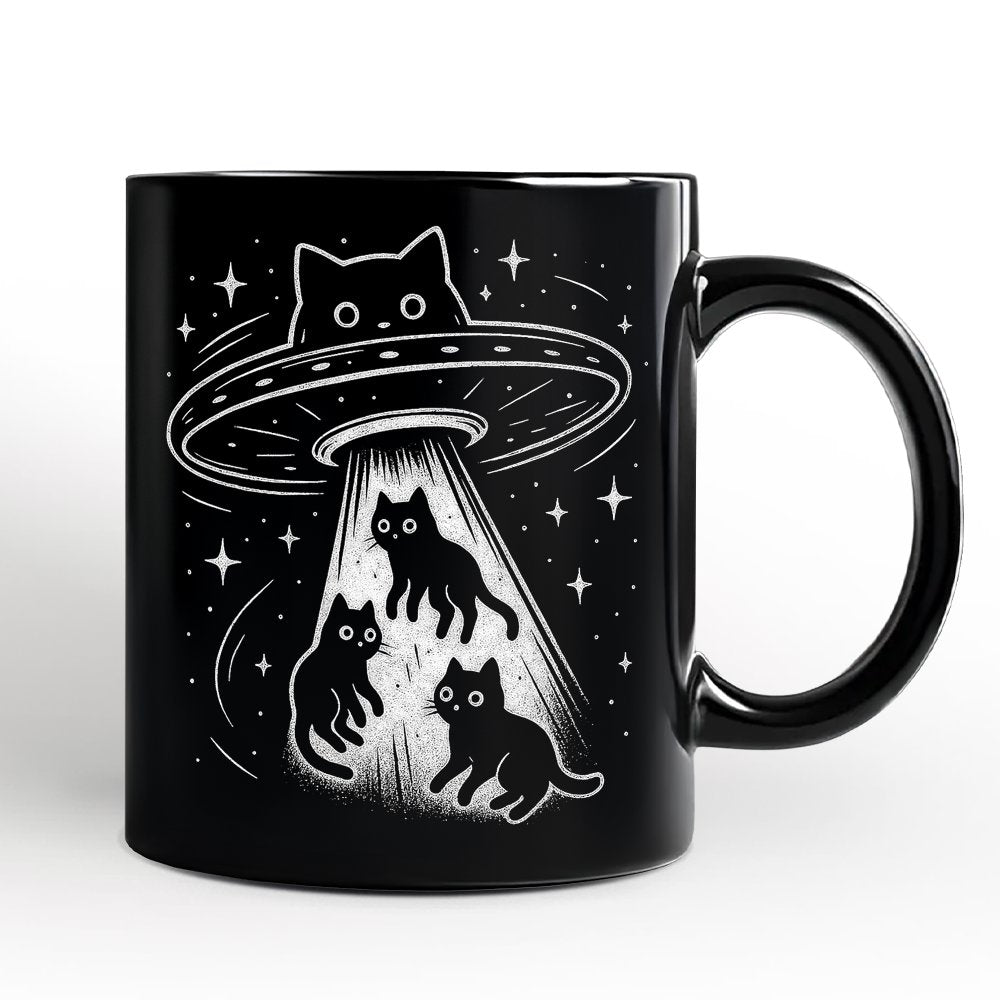 Alien Cat Abduction Personalized Mug, Funny UFO Space Cats Cosmic Gift with Custom Name Personalized Ceramic Mug OrnamentallyYou Black Non-Custom 