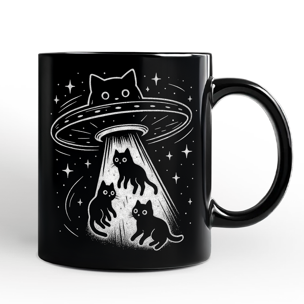 Alien Cat Abduction Personalized Mug, Funny UFO Space Cats Cosmic Gift with Custom Name