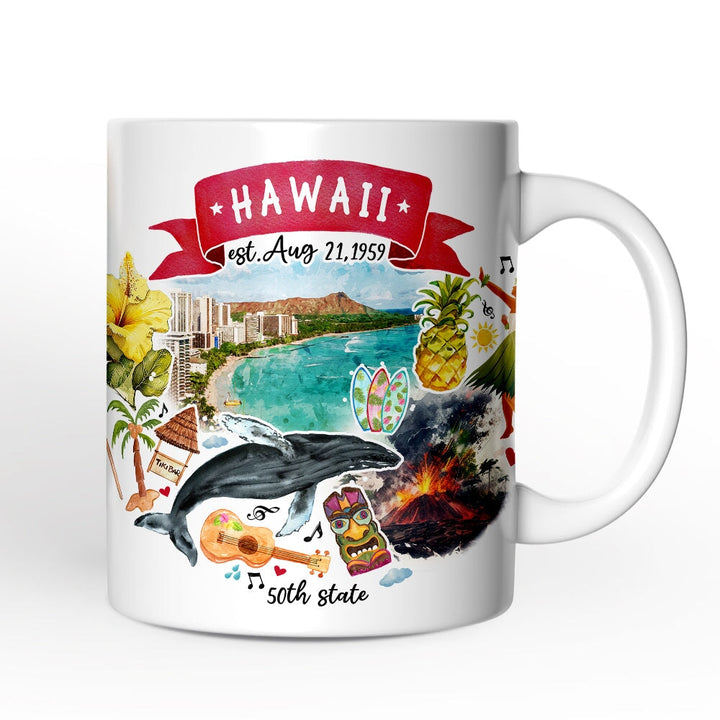 Artistic Hawaii State Themes and Landmarks Personalized Mug With Custom Name