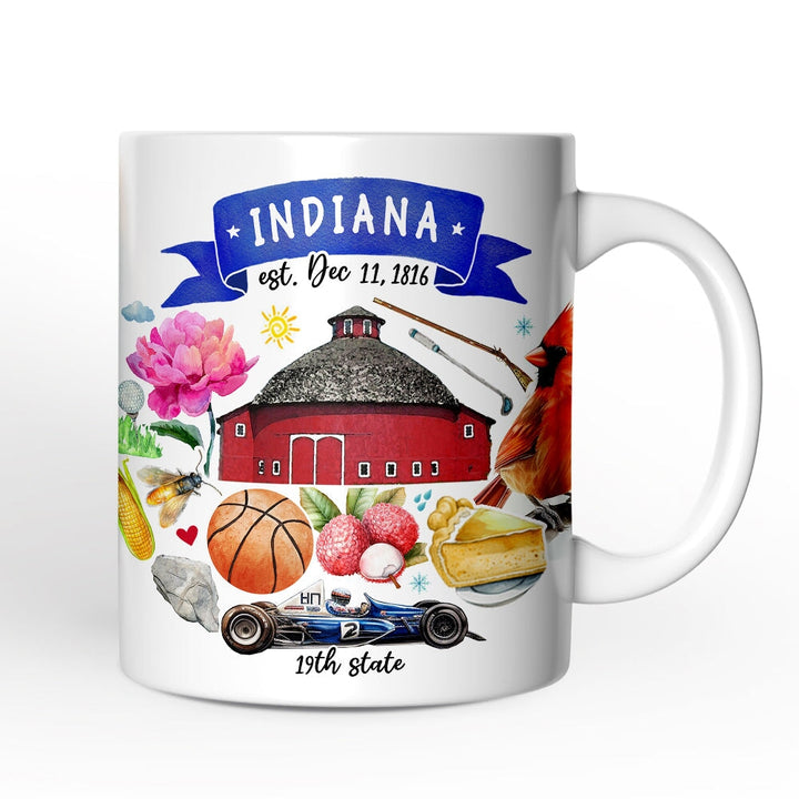 Artistic Indiana State Themes and Landmarks Personalized Mug With Custom Name