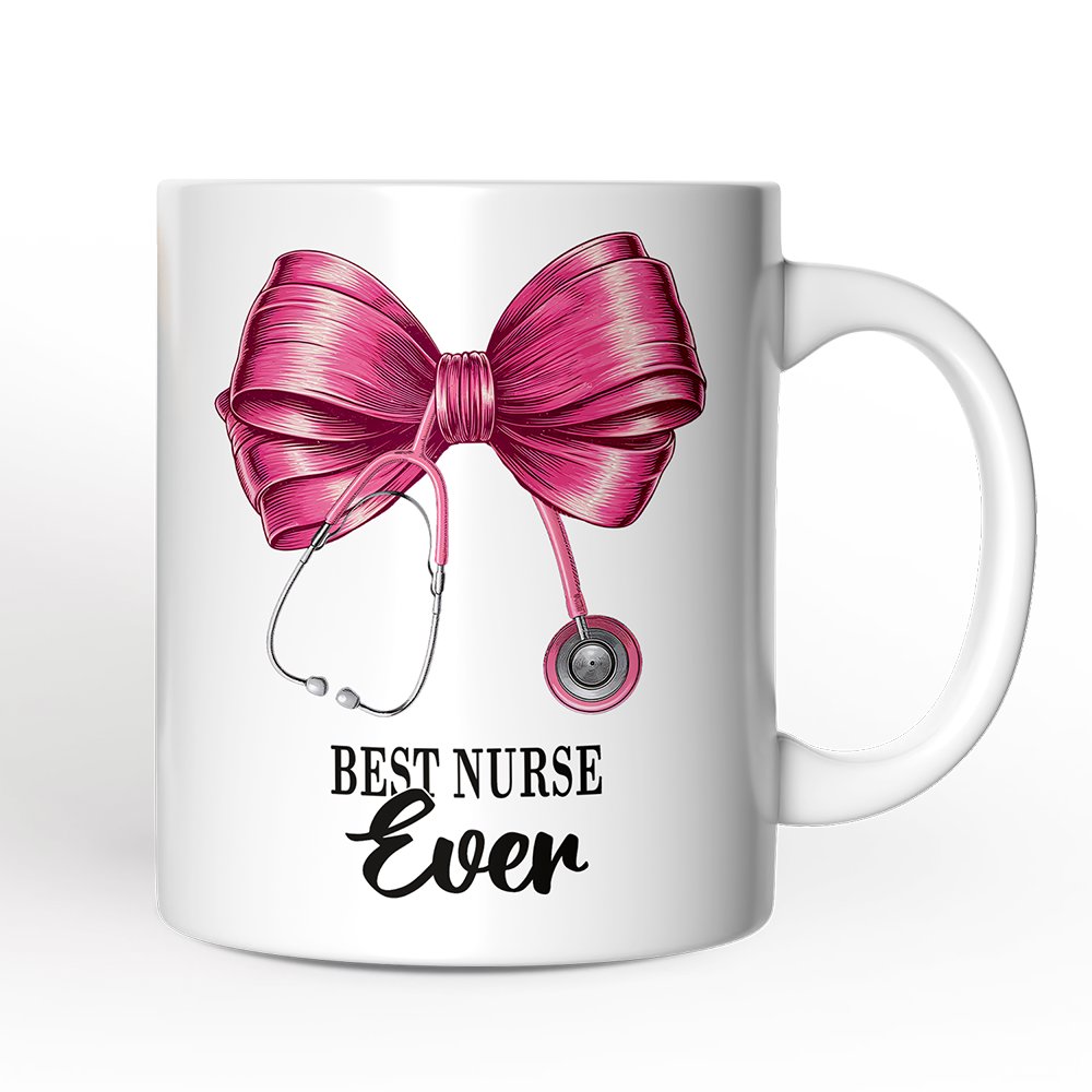 Best Nurse Coquette Pink Bow Personalized Mug, Pink Stethoscope, Gift for Nurse With Custom Name Personalized Ceramic Mug OrnamentallyYou 12oz Mug Non-Custom 