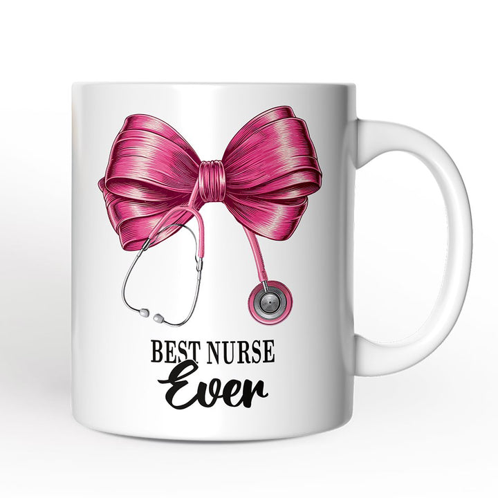 Best Nurse Coquette Pink Bow Personalized Mug, Pink Stethoscope, Gift for Nurse With Custom Name Personalized Ceramic Mug OrnamentallyYou 12oz Mug Non-Custom 