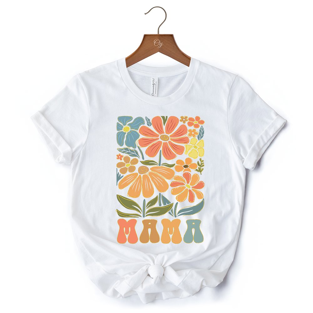 Boho Floral Mama T-Shirt, Natural and White Tee Large Flowers for Modern Moms T-Shirts OrnamentallyYou 
