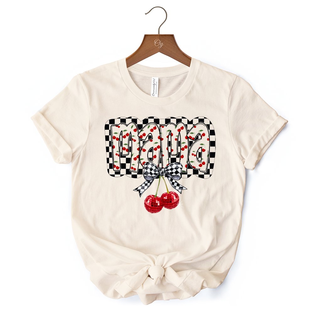 Checkered Cherry Disco Mama T-Shirt, White and Natural Coquette Bow Tee for Trendy Mothers T-Shirts OrnamentallyYou 