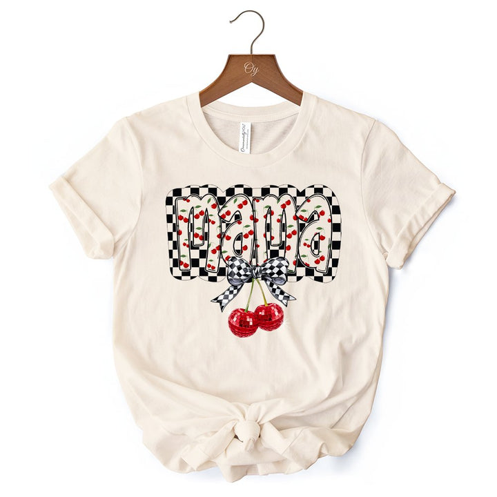 Checkered Cherry Disco Mama T-Shirt, White and Natural Coquette Bow Tee for Trendy Mothers T-Shirts OrnamentallyYou 