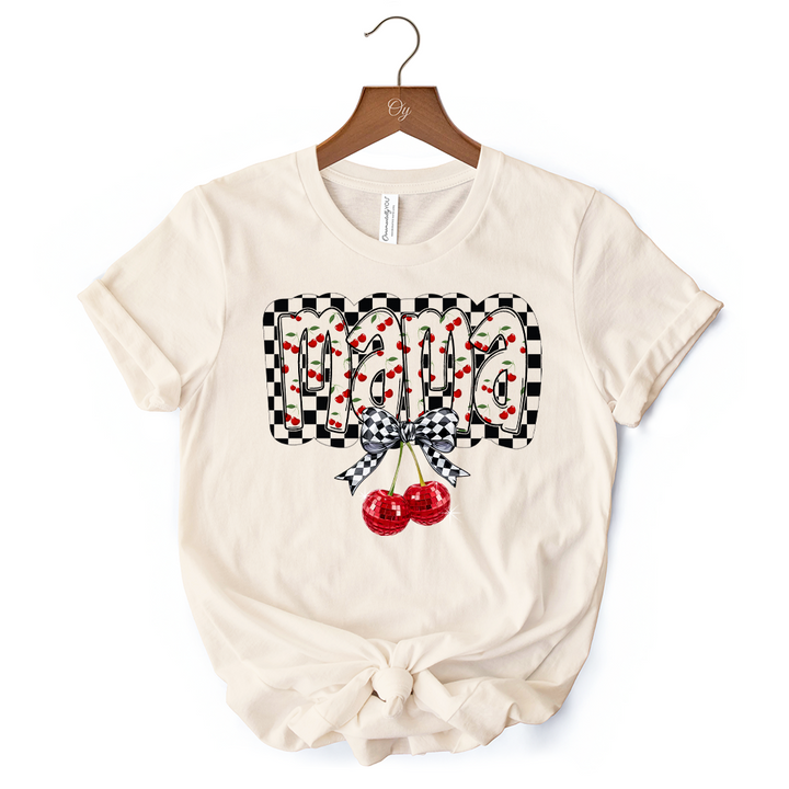 Checkered Cherry Disco Mama T-Shirt, White and Natural Coquette Bow Tee for Trendy Mothers