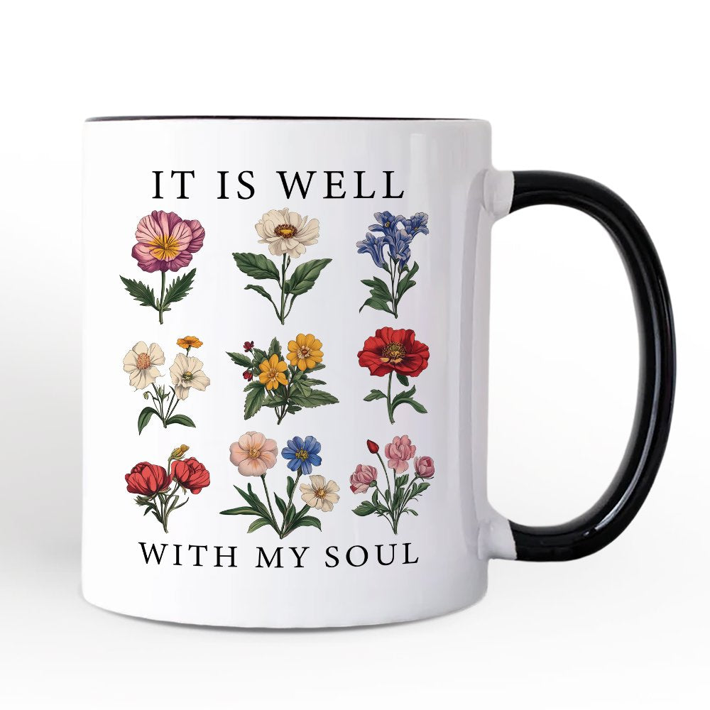 It Is Well With My Soul Christian Floral Personalized Mug, Vintage Bible Verse Gift with Custom Name Personalized Ceramic Mug OrnamentallyYou Black Handle Non-Custom 