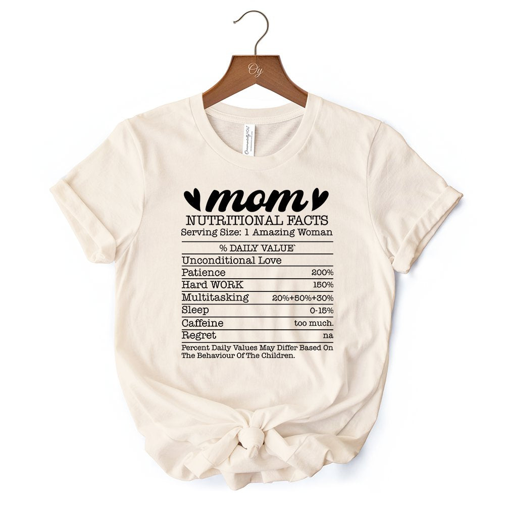 Mom Nutritional Facts Funny T-Shirt, White and Natural Mom Life Tee for Exhausted and Caffeinated Mothers T-Shirts OrnamentallyYou 