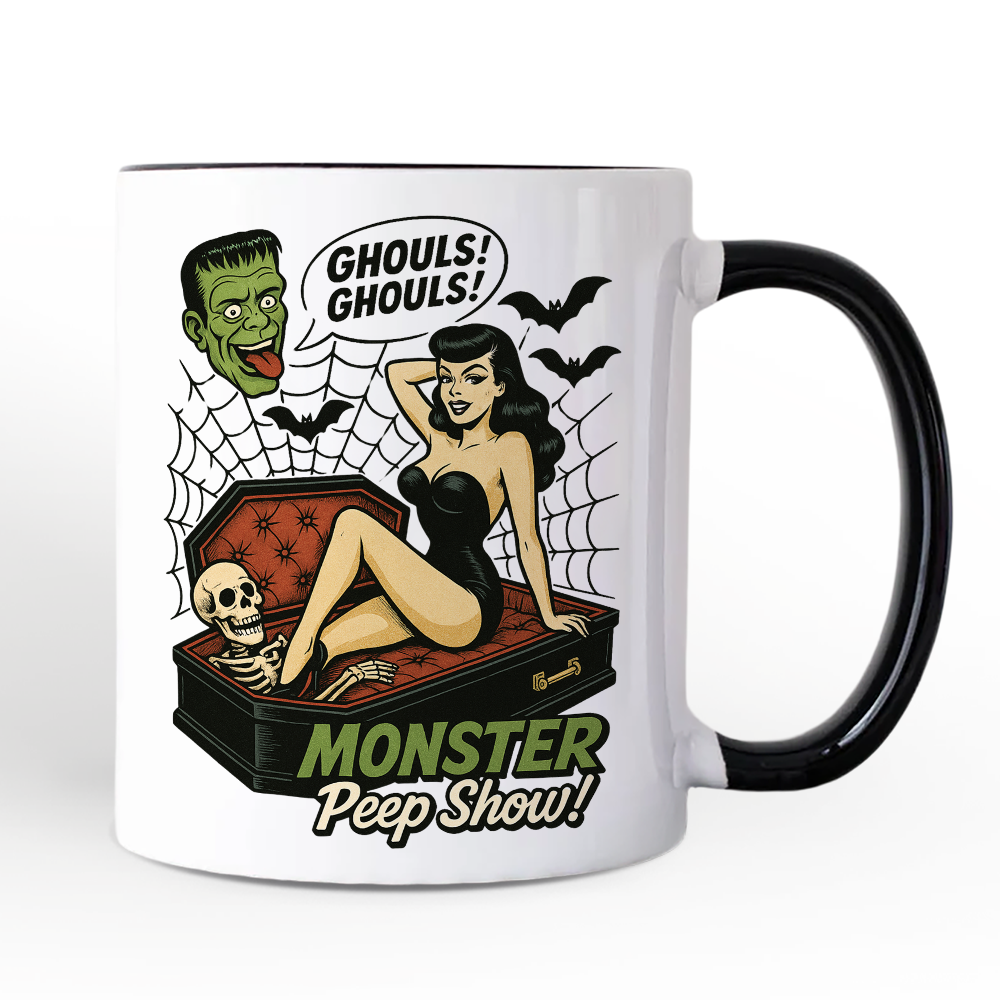 Monster Peep Show Pin-Up Personalized Mug, Retro Horror Halloween Gift with Custom Name