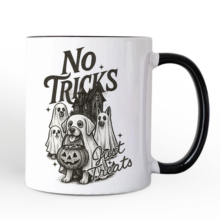 No Tricks Just Treats Dog Personalized Mug, Funny Halloween Puppy Gift with Spooky Vibes and Custom Name