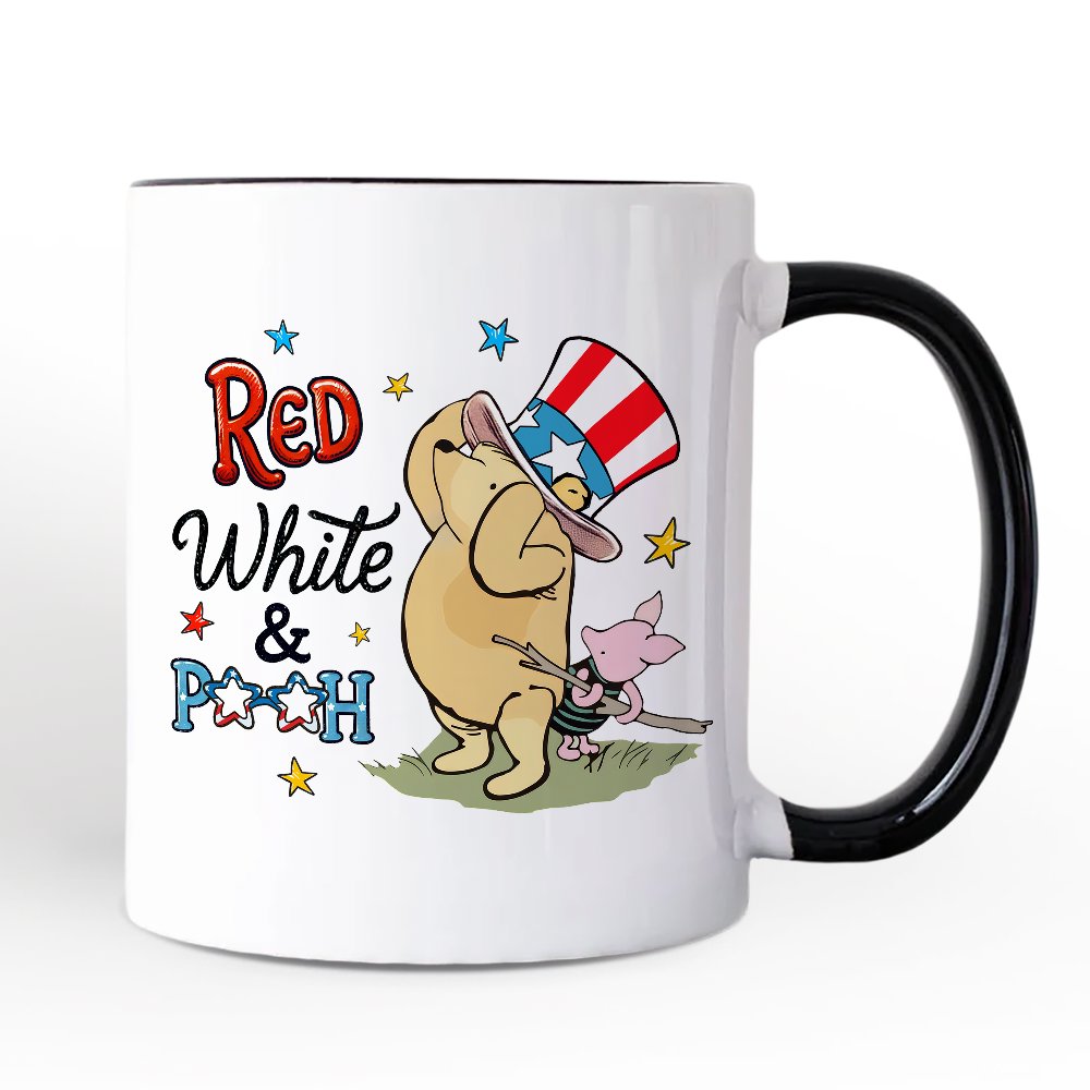 Patriotic Red White & Proud Winnie-the-Pooh Personalized Mug, 1926 A.A. Milne 4th of July Gift with Custom Name Personalized Ceramic Mug OrnamentallyYou Black Handle Non-Custom 