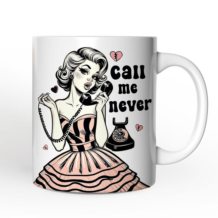 Retro Anti-Valentine Pinup Girl Personalized Mug, Call Me Never Funny Gift With Custom Name Personalized Ceramic Mug OrnamentallyYou 12oz Mug Non-Custom 