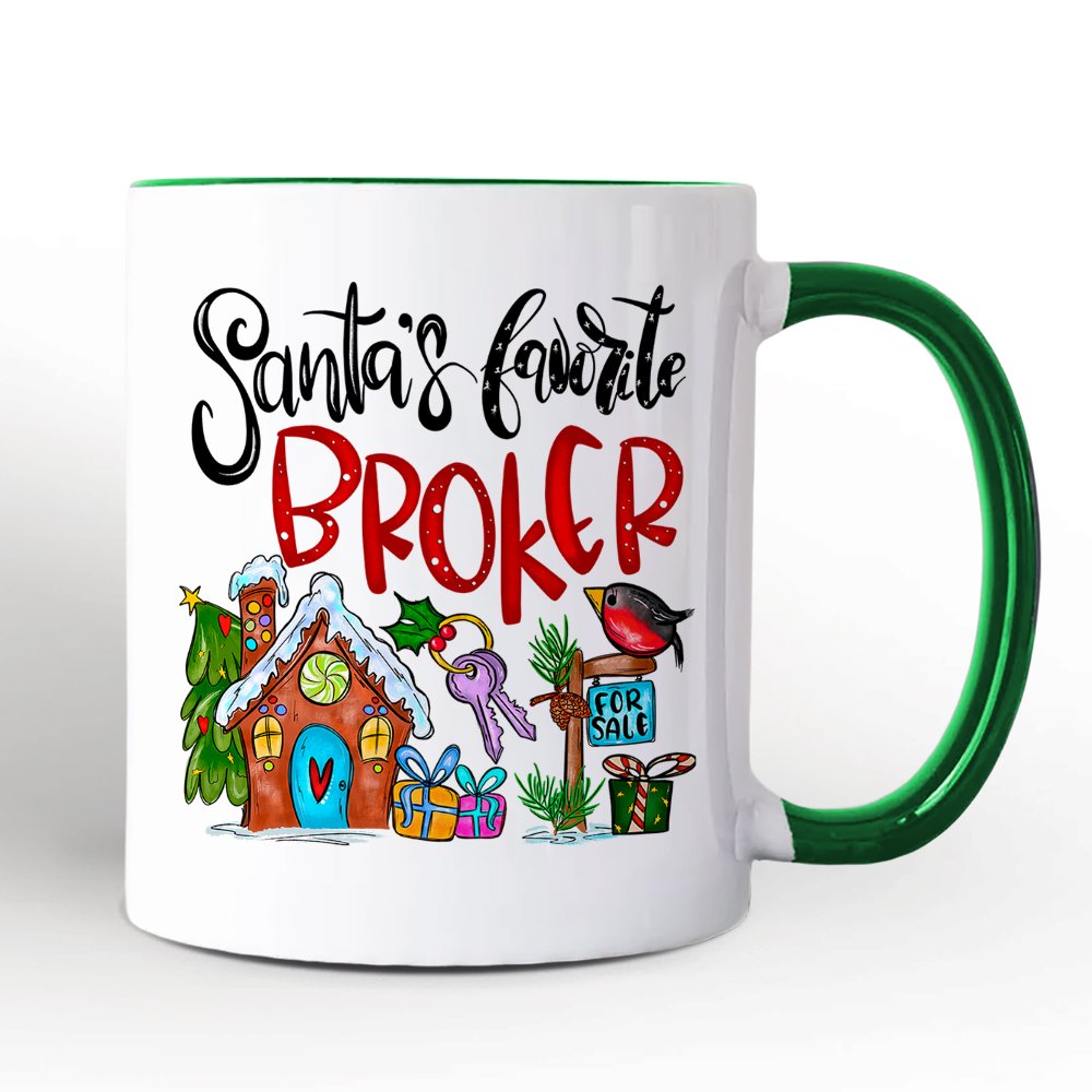 Santa's Favorite Broker Personalized Mug, Real Estate Agent Gift with Custom Name Personalized Ceramic Mug OrnamentallyYou Green Handle Non-Custom 