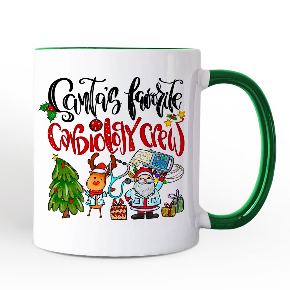 Santa's Favorite Cardiology Crew Personalized Mug, Heart Health Christmas Gift with Custom Name Personalized Ceramic Mug OrnamentallyYou Green Handle Non-Custom 