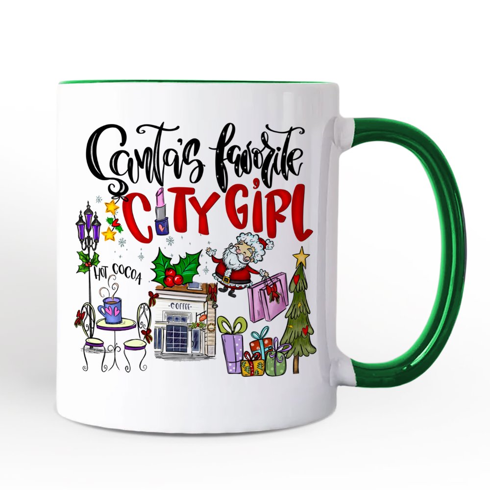 Santa's Favorite City Girl Personalized Mug, Urban Lifestyle Christmas Gift with Custom Name Personalized Ceramic Mug OrnamentallyYou Green Handle Non-Custom 