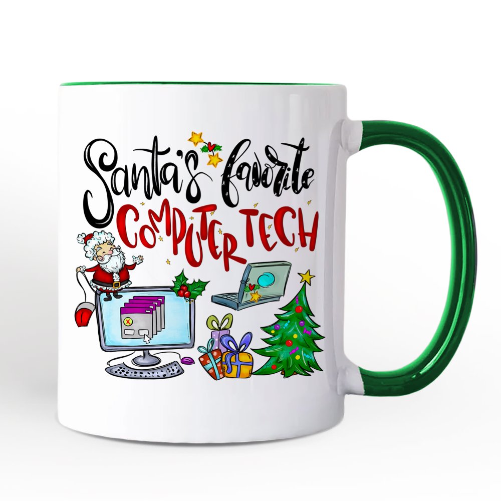 Santa's Favorite Computer Tech Personalized Mug, Technology Christmas Gift with Custom Name Personalized Ceramic Mug OrnamentallyYou Green Handle Non-Custom 