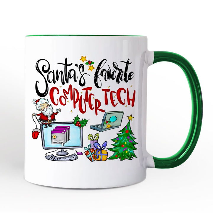 Santa's Favorite Computer Tech Personalized Mug, Technology Christmas Gift with Custom Name Personalized Ceramic Mug OrnamentallyYou Green Handle Non-Custom 