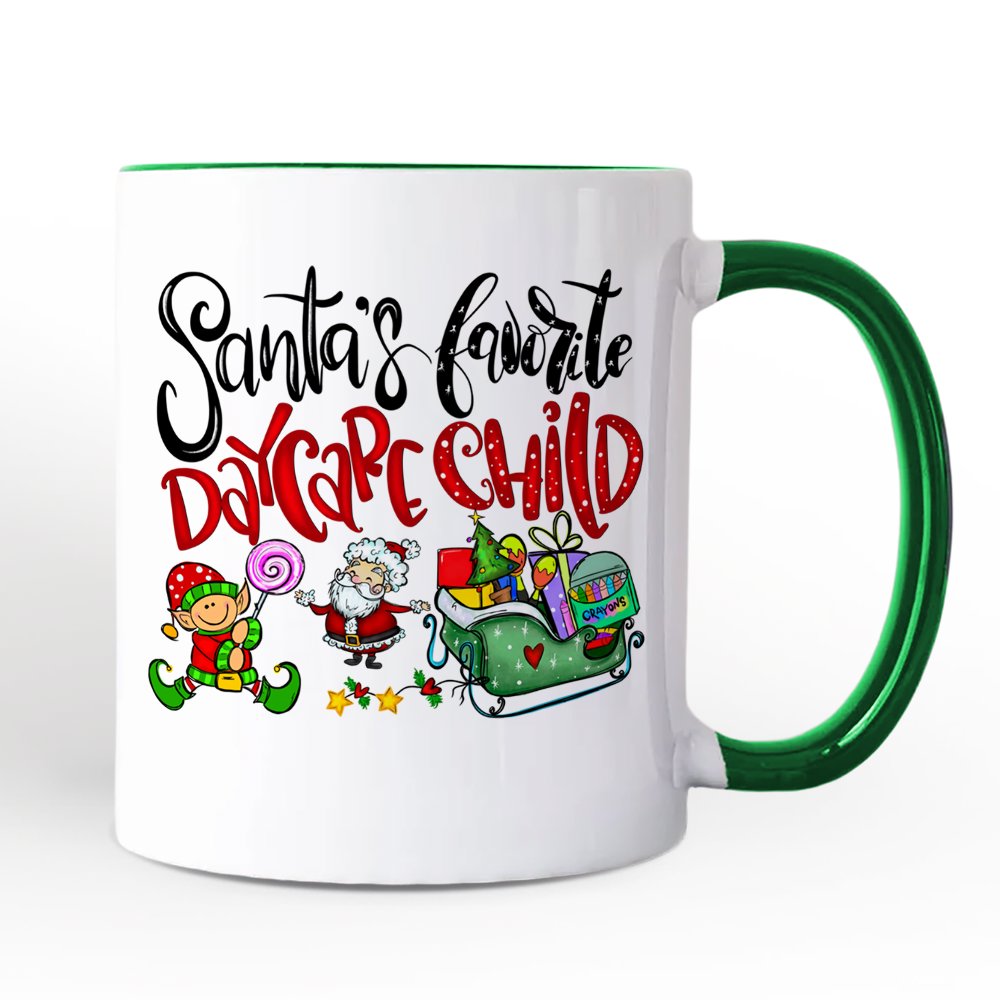 Santa's Favorite Daycare Child Personalized Mug, Christmas Holiday Gift with Custom Name Personalized Ceramic Mug OrnamentallyYou Green Handle Non-Custom 