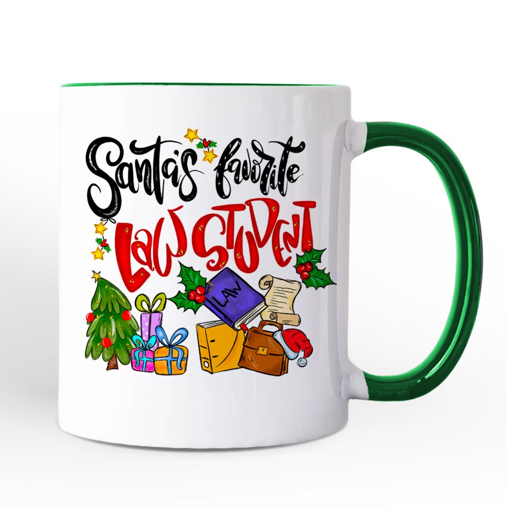 Santa's Favorite Law Student Personalized Mug, Future Lawyer Gift with Custom Name Personalized Ceramic Mug OrnamentallyYou Green Handle Non-Custom 