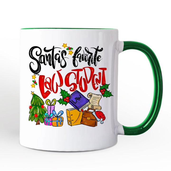 Santa's Favorite Law Student Personalized Mug, Future Lawyer Gift with Custom Name Personalized Ceramic Mug OrnamentallyYou Green Handle Non-Custom 