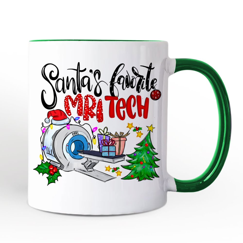 Santa's Favorite MRI Tech Personalized Mug, Health Imaging Technologist Christmas Gift with Custom Name Personalized Ceramic Mug OrnamentallyYou Green Handle Non-Custom 