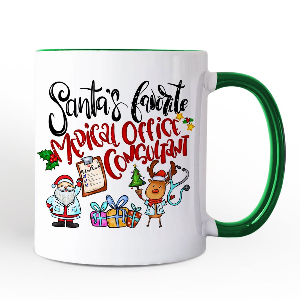 Santa's Favorite Medical Office Consultant Personalized Mug, Healthcare Christmas Gift with Custom Name Personalized Ceramic Mug OrnamentallyYou Green Handle Non-Custom 