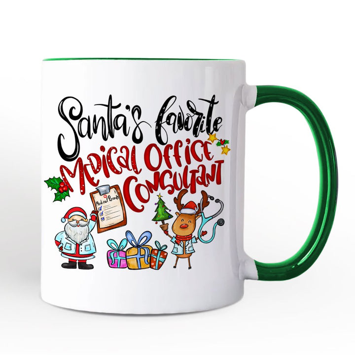 Santa's Favorite Medical Office Consultant Personalized Mug, Healthcare Christmas Gift with Custom Name Personalized Ceramic Mug OrnamentallyYou Green Handle Non-Custom 